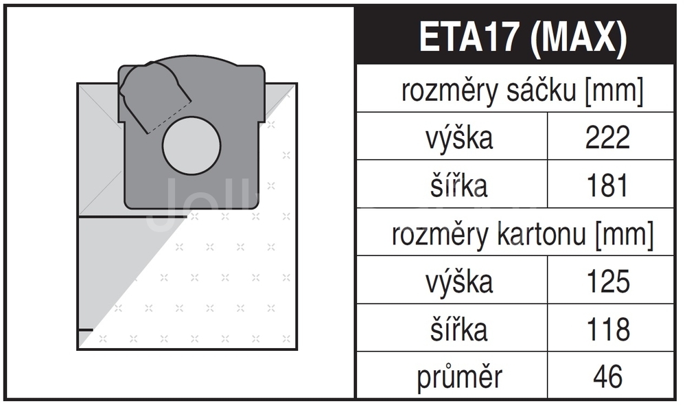 Jolly ETA17 MAX Rozměry sáčku a tvar kartónu