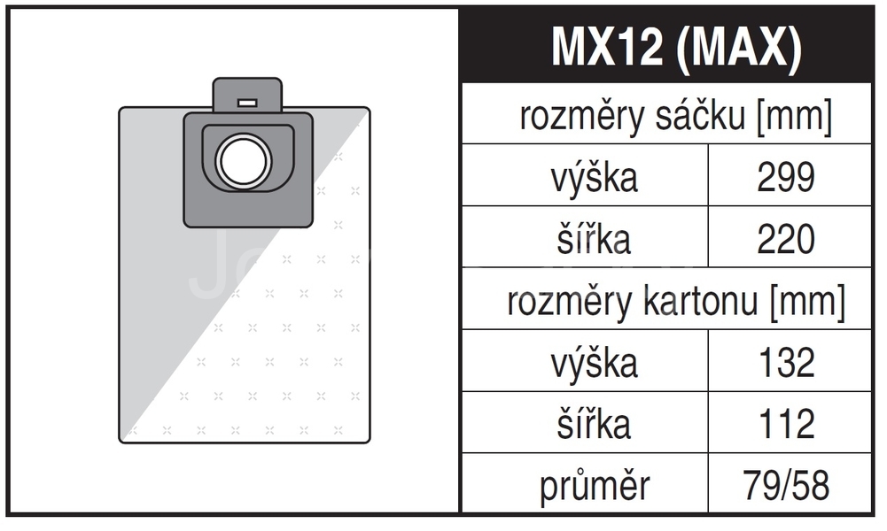Jolly MX12 MAX Rozměry sáčku a tvar kartónu