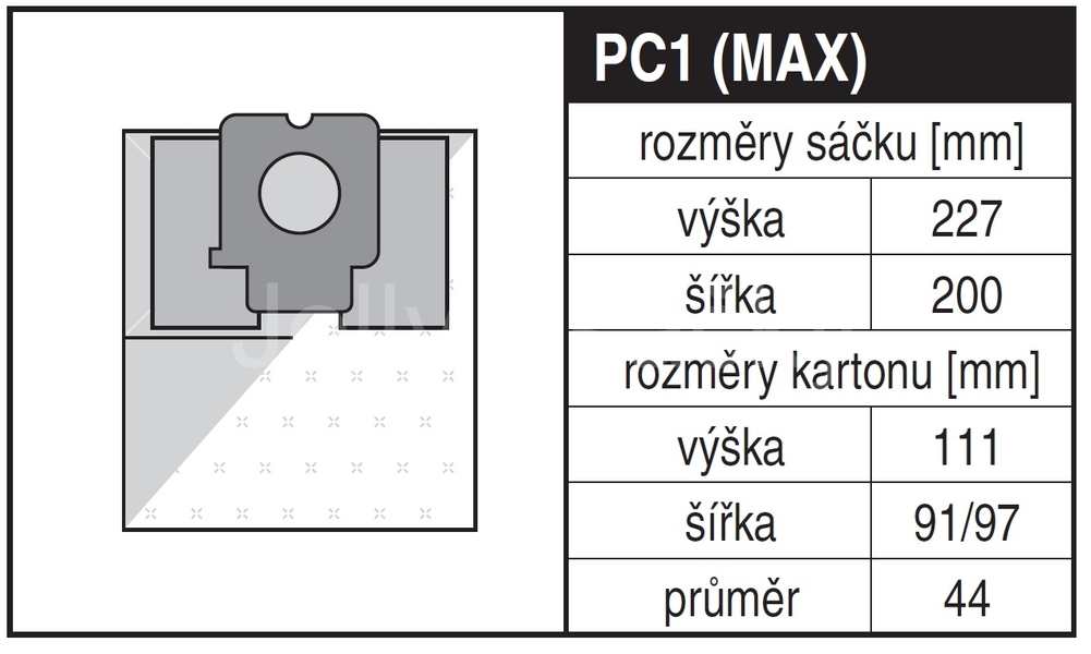 Jolly PC1 MAX Rozměry sáčku a tvar kartónu