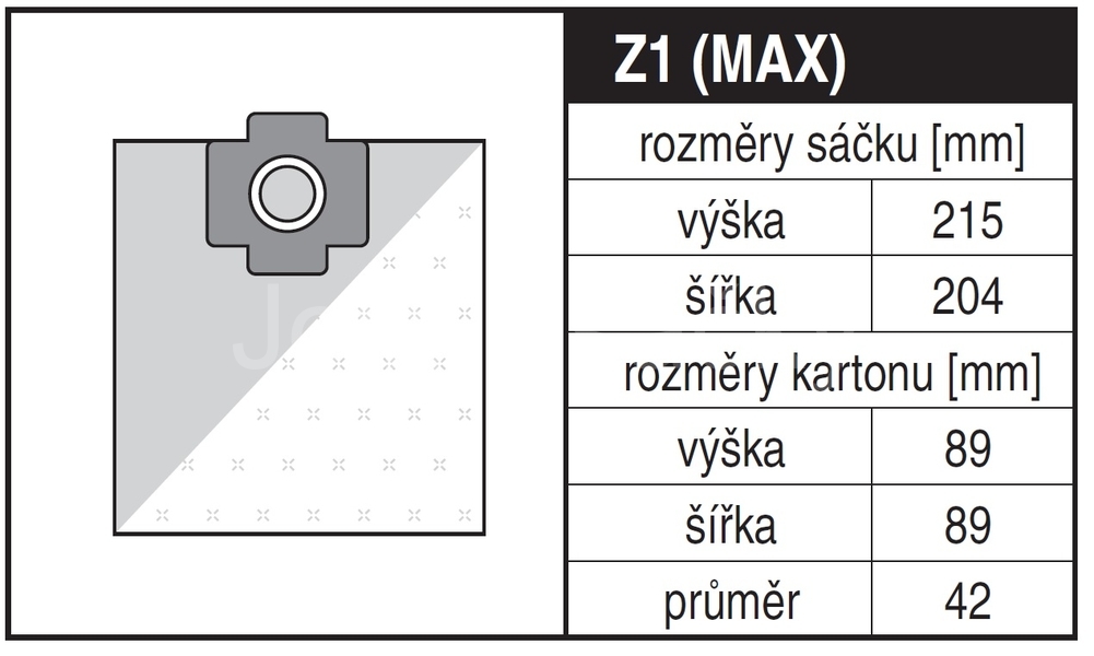 Jolly Z1 MAX Rozměry sáčku a tvar kartónu