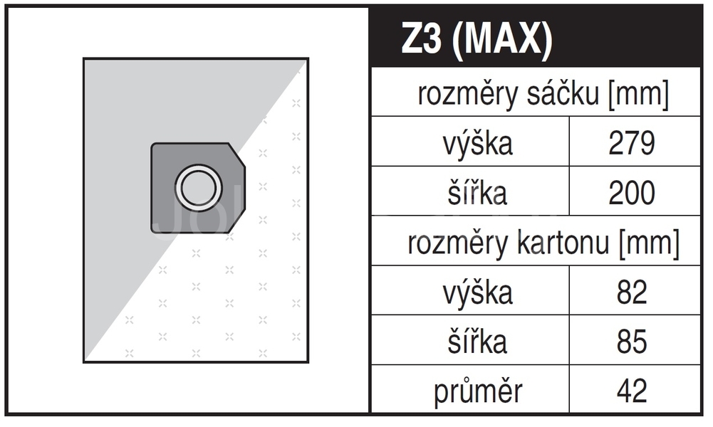 Jolly Z3 MAX Rozměry sáčku a tvar kartónu