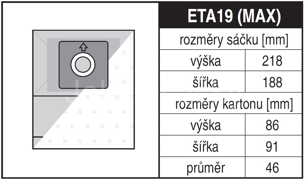 Jolly ETA19 Rozměry sáčku a tvar kartónu