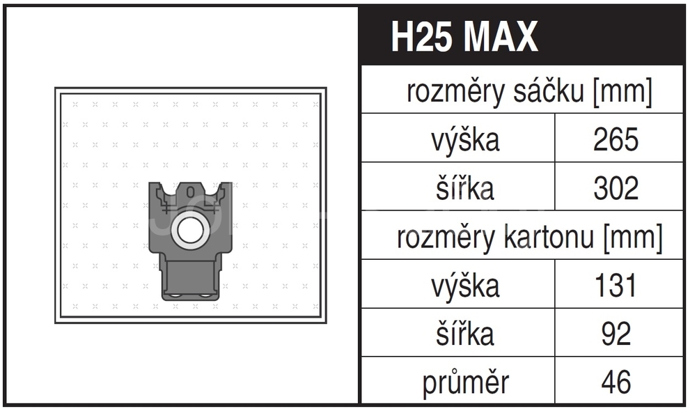Jolly H25 MAX Rozměry sáčku a tvar kartónu