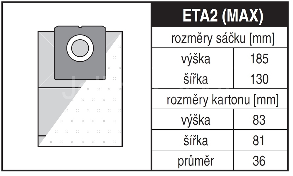 Jolly ETA2 MAX Rozměry sáčku a tvar kartónu