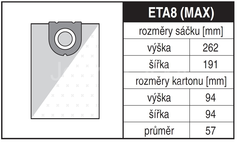 Jolly ETA8 MAX Rozměry sáčku a tvar kartónu