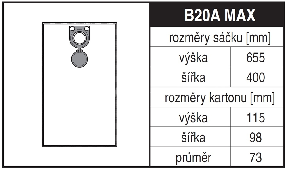 B20A MAX Rozměry sáčku a tvar kartónu