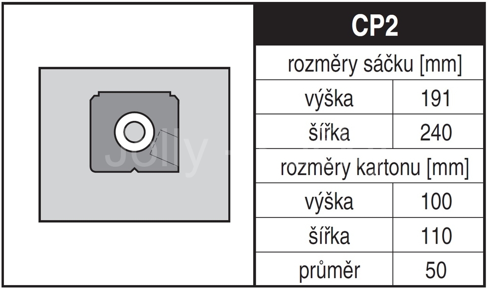 Jolly CP2 Rozměry sáčku a tvar kartónu