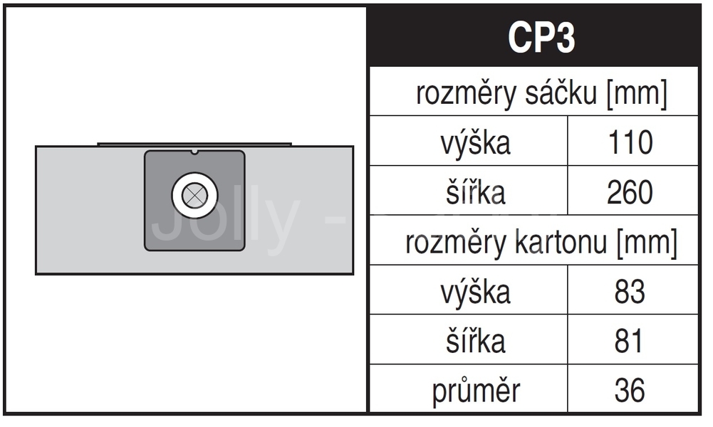 Jolly CP3 Rozměry sáčku a tvar kartónu