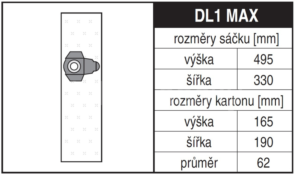 Jolly DL1 MAX Rozměry sáčku a tvar kartónu