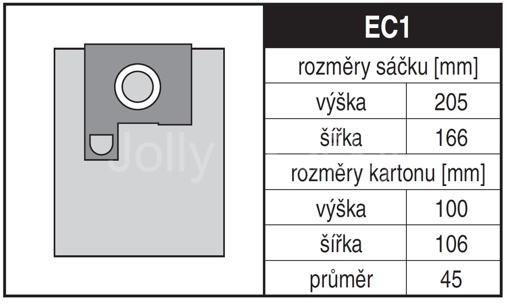 Jolly EC1 Rozměry sáčku a tvar kartónu