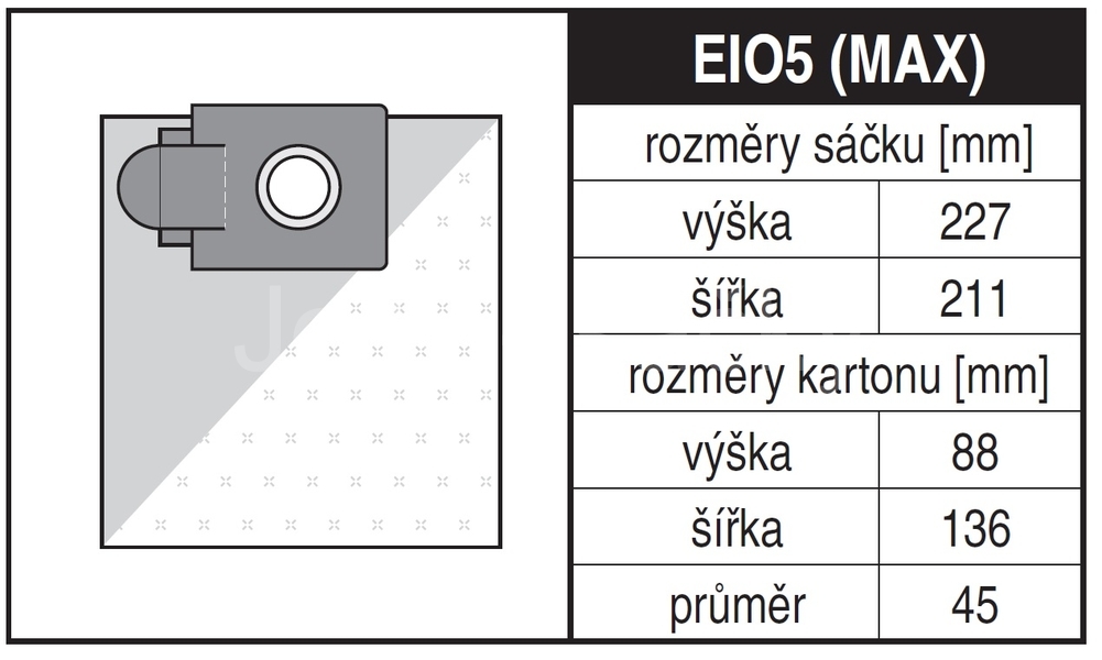 Jolly EIO5 Rozměry sáčku a tvar kartónu