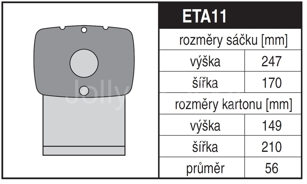 Jolly ETA11 Rozměry sáčku a tvar kartónu