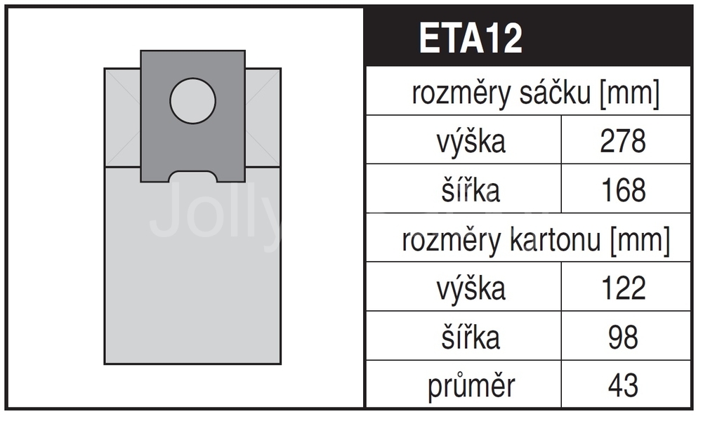 Jolly ETA12 Rozměry sáčku a tvar kartónu