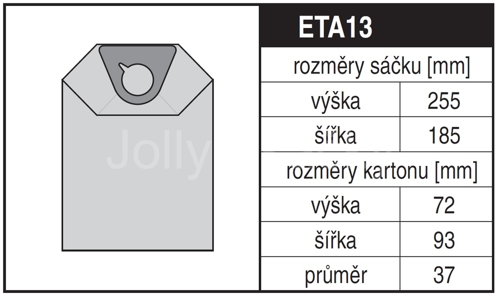 Jolly ETA13 Rozměry sáčku a tvar kartónu