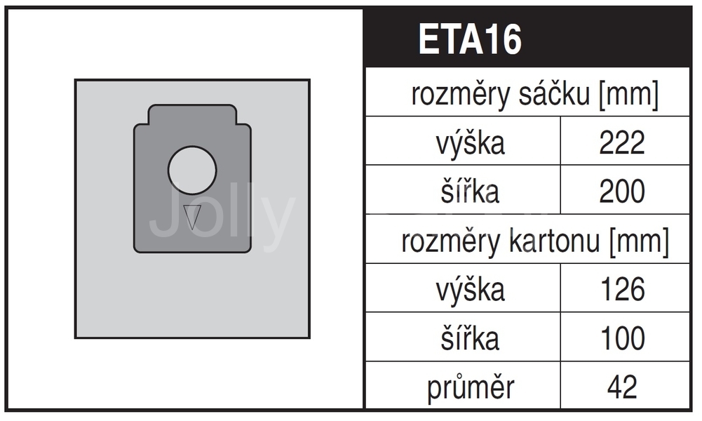 Jolly ETA16 Rozměry sáčku a tvar kartónu