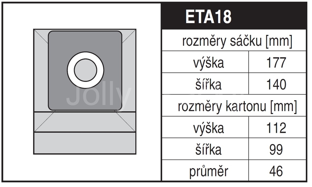 Jolly ETA18 Rozměry sáčku a tvar kartónu