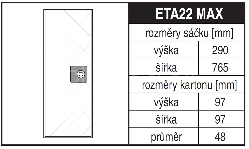 Jolly ETA22 MAX Rozměry sáčku a tvar kartónu