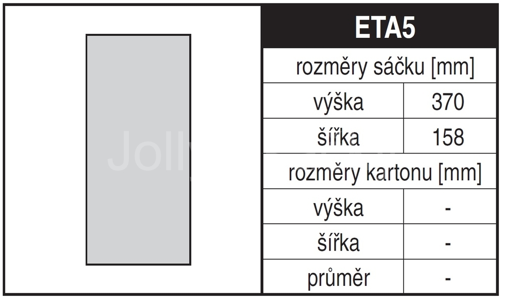 Jolly ETA5 Rozměry sáčku a tvar kartónu