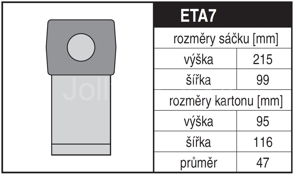 Jolly ETA7 Rozměry sáčku a tvar kartónu