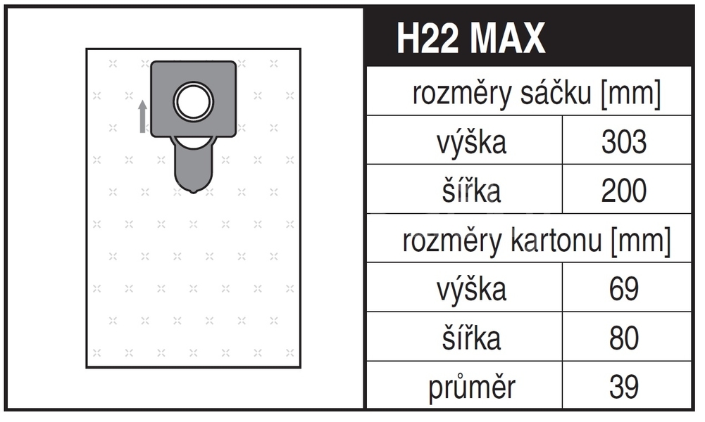 Jolly H22 MAX Rozměry sáčku a tvar kartónu