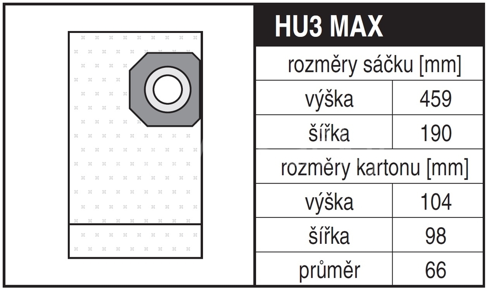 Jolly HU3 MAX Rozměry sáčku a tvar kartónu