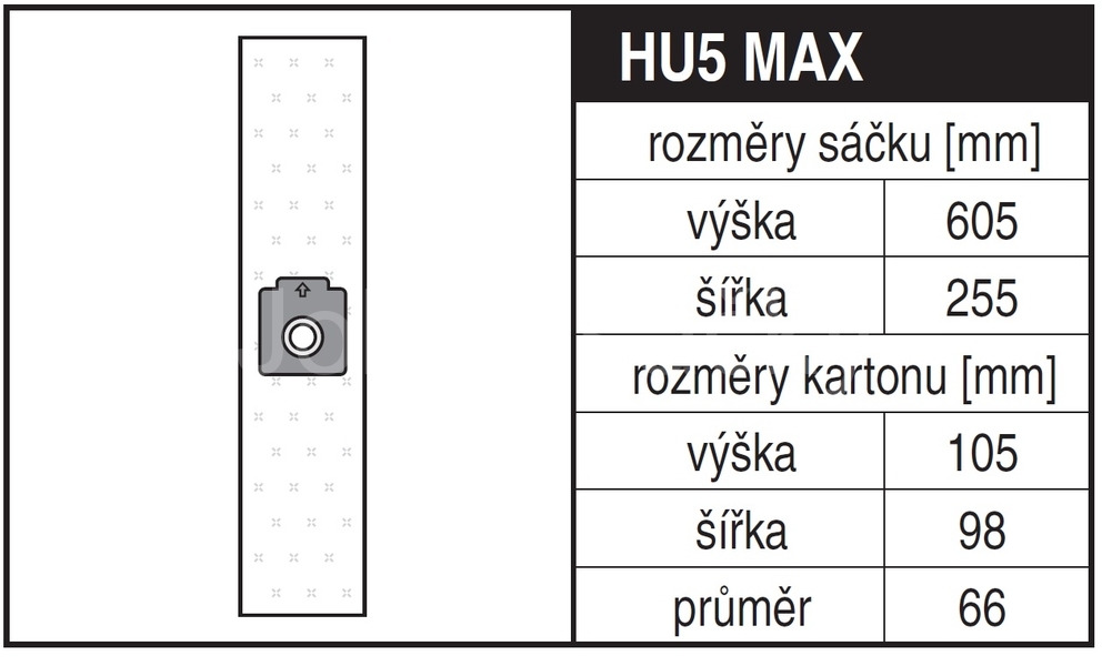Jolly HU5 MAX Rozměry sáčku a tvar kartónu