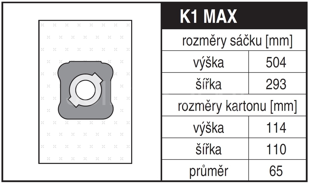 Jolly K1 MAX Rozměry sáčku a tvar kartónu