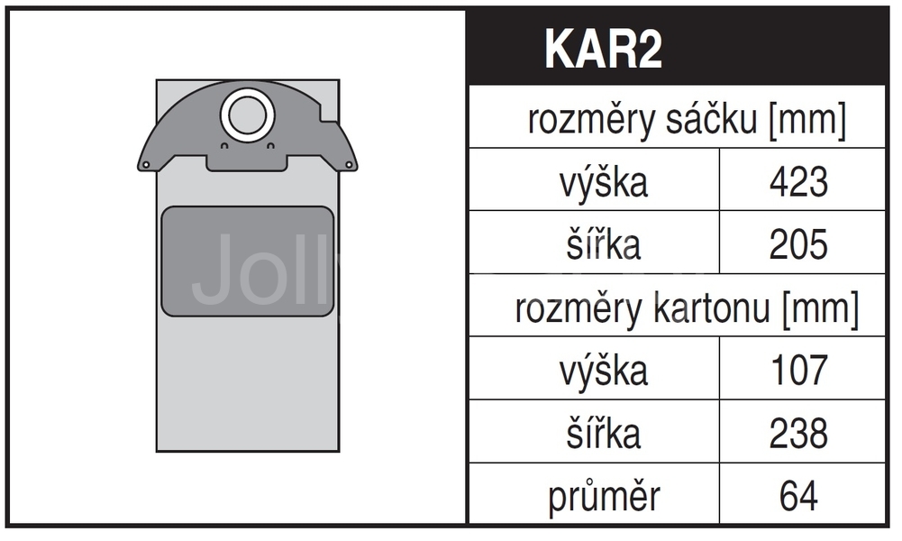Jolly KAR2 Rozměry sáčku a tvar kartónu