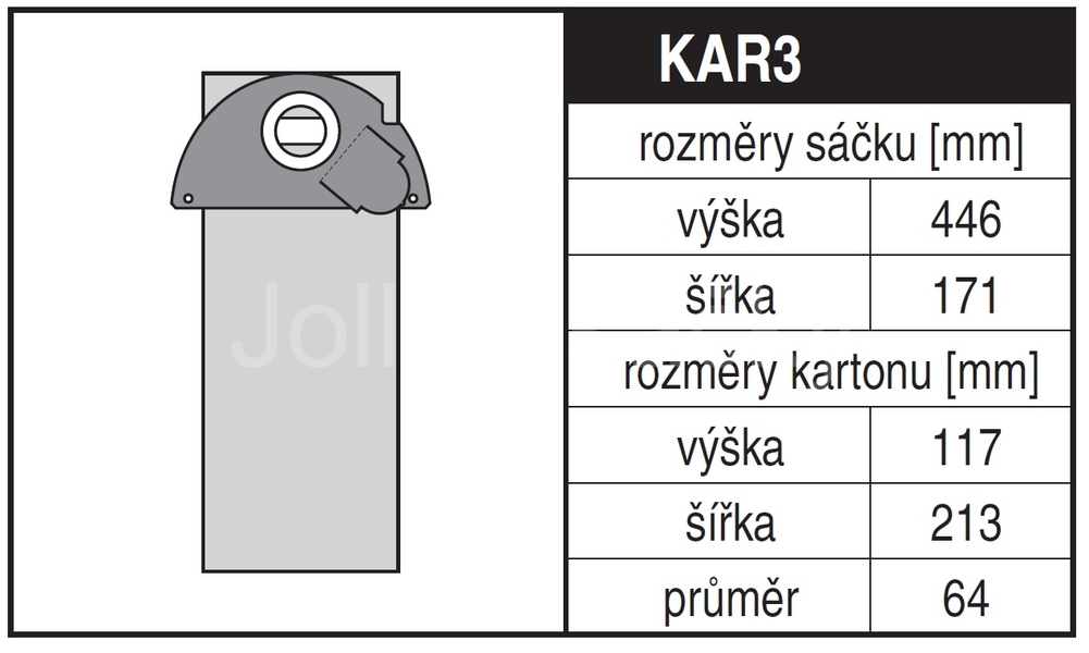 Jolly KAR3 Rozměry sáčku a tvar kartónu