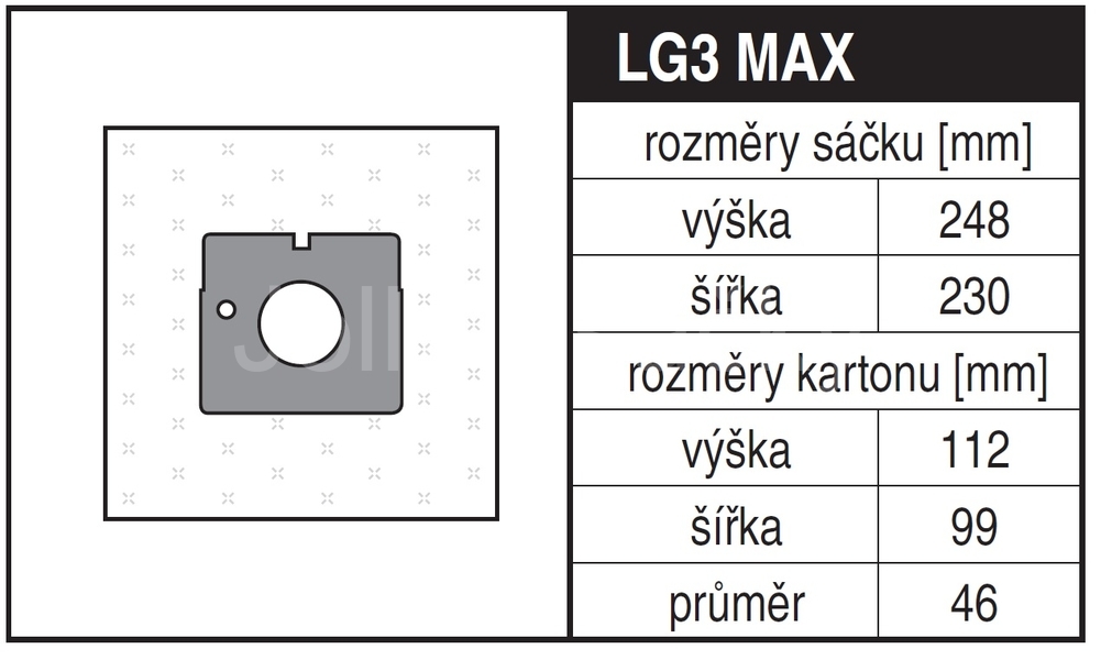 Jolly LG3 MAX Rozměry sáčku a tvar kartónu