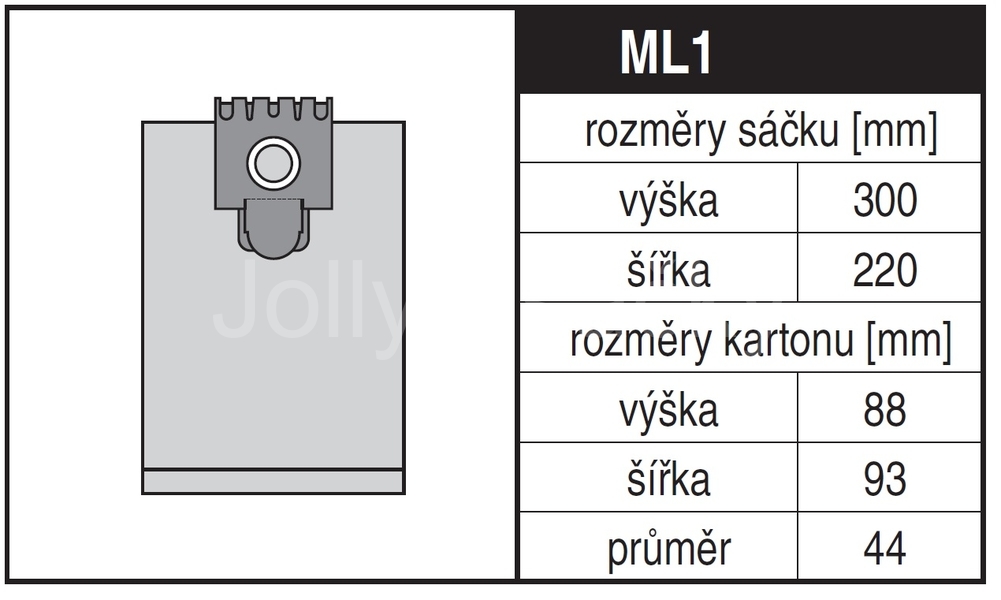 Jolly ML1 Rozměry sáčku a tvar kartónu
