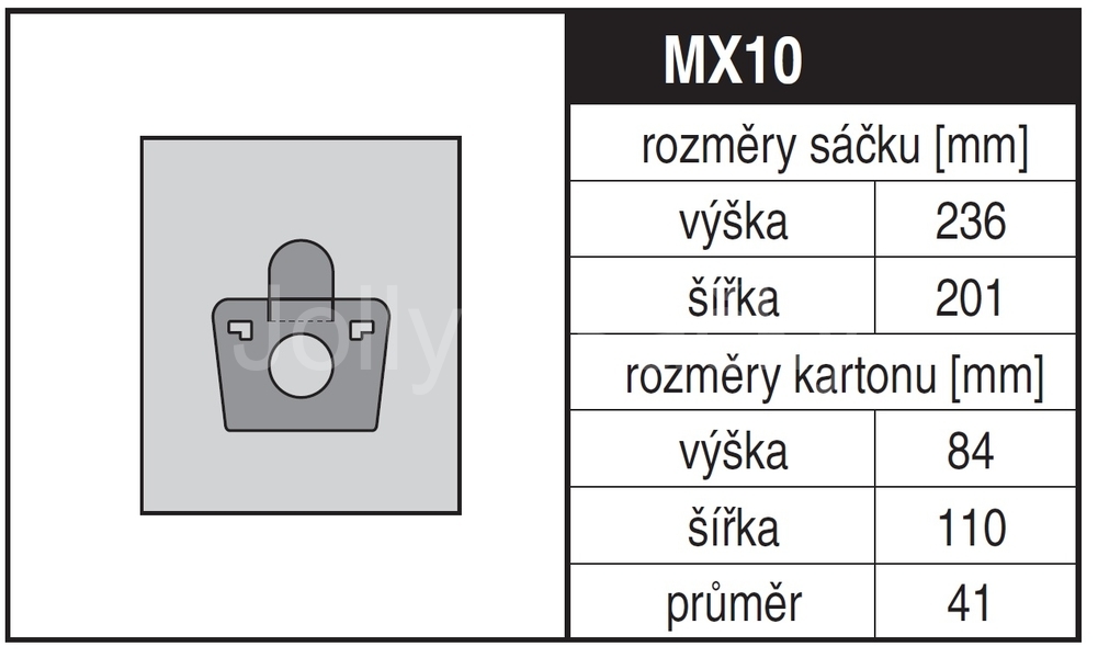 Jolly MX10 Rozměry sáčku a tvar kartónu