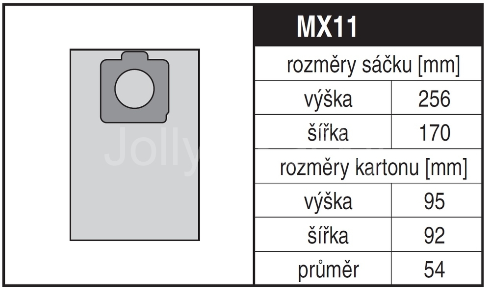 Jolly MX11 Rozměry sáčku a tvar kartónu