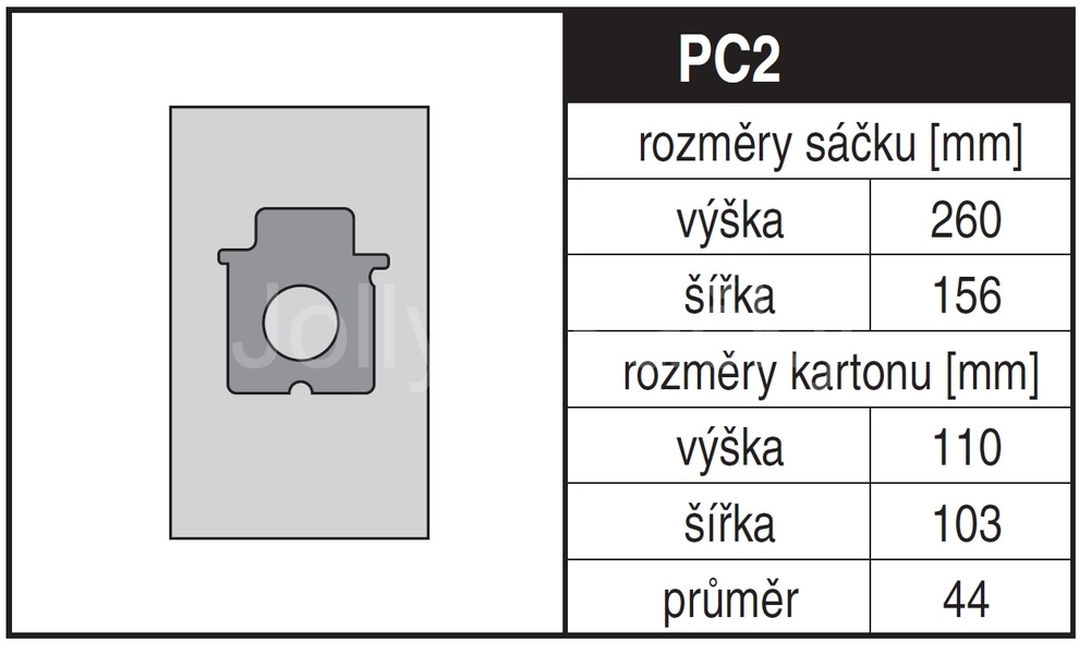 Jolly PC2 Rozměry sáčku a tvar kartónu