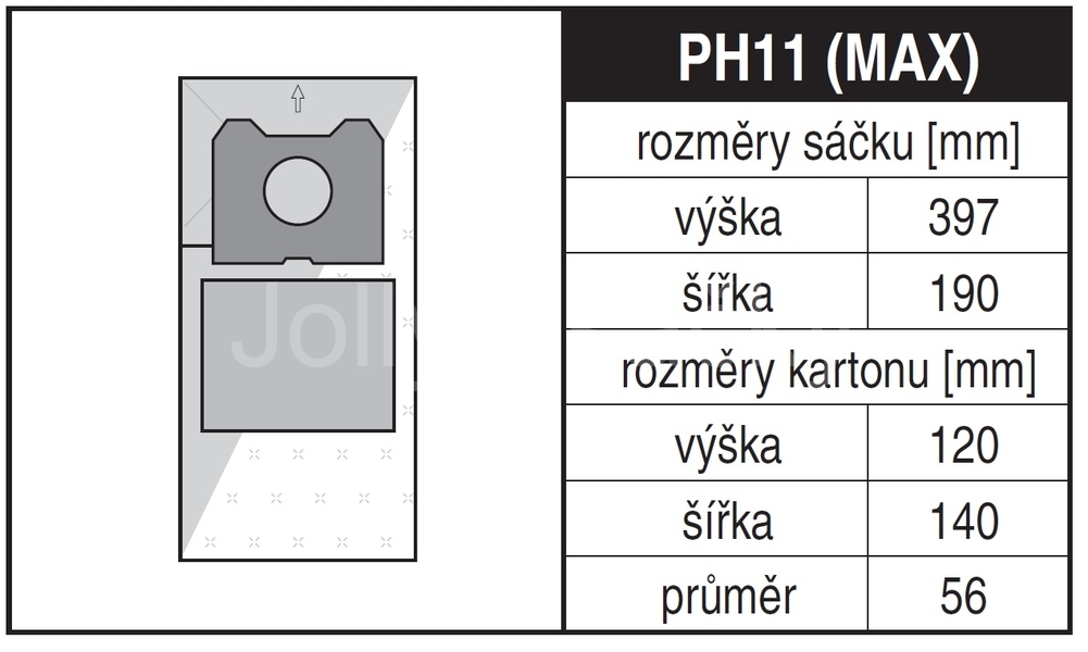 Jolly PH11 Rozměry sáčku a tvar kartónu