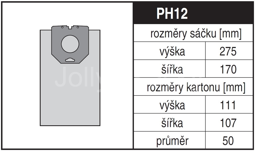 Jolly PH12 Rozměry sáčku a tvar kartónu