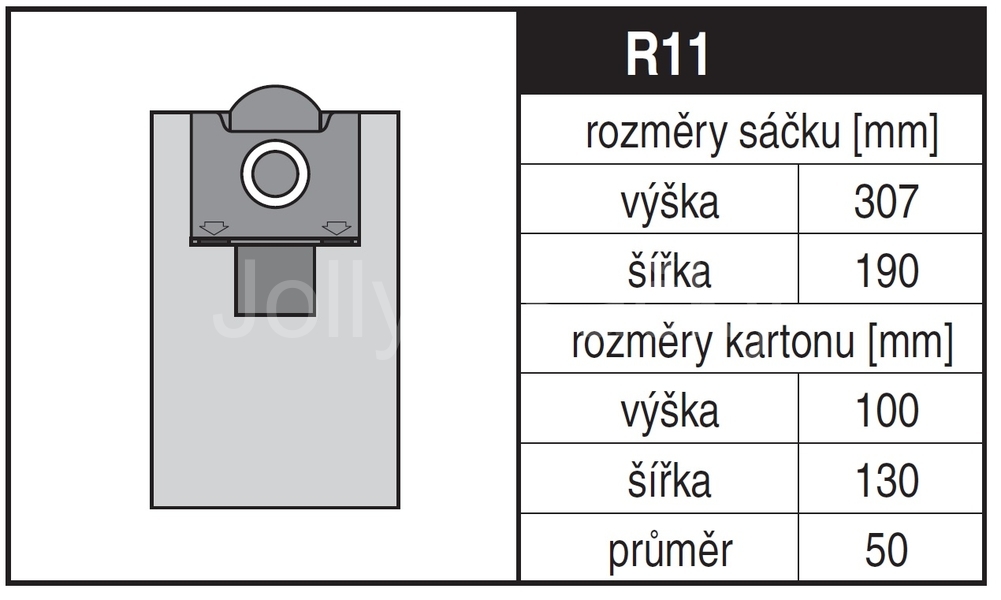 Jolly R11 Rozměry sáčku a tvar kartónu