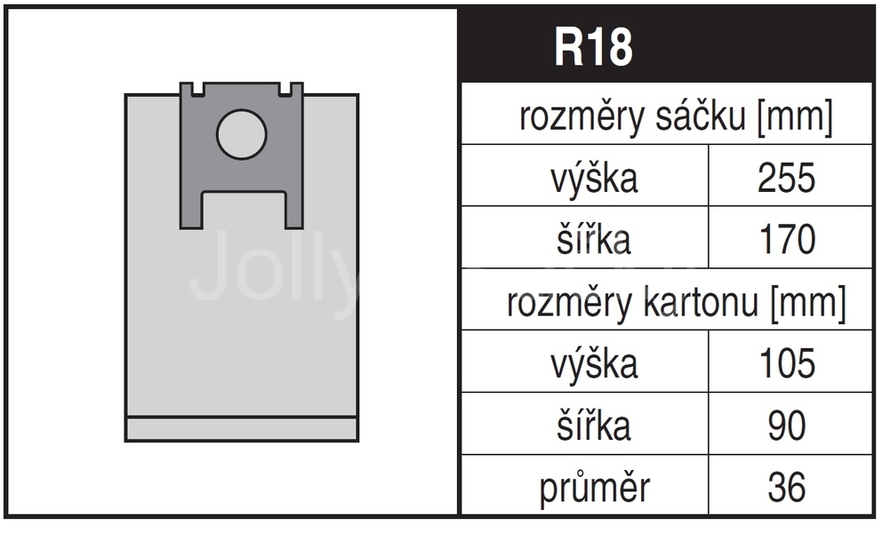 Jolly R18 Rozměry sáčku a tvar kartónu