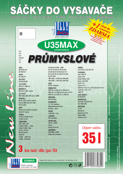 Jolly U35 MAX Textilní sáčky o objemu 35 l do průmyslových vysavačů KÄRCHER; NILFISK; THOMAS a dalších