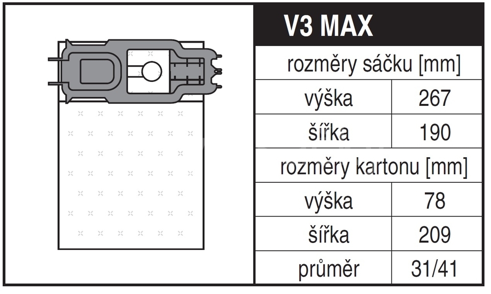 Jolly V3 MAX Rozměry sáčku a tvar kartónu